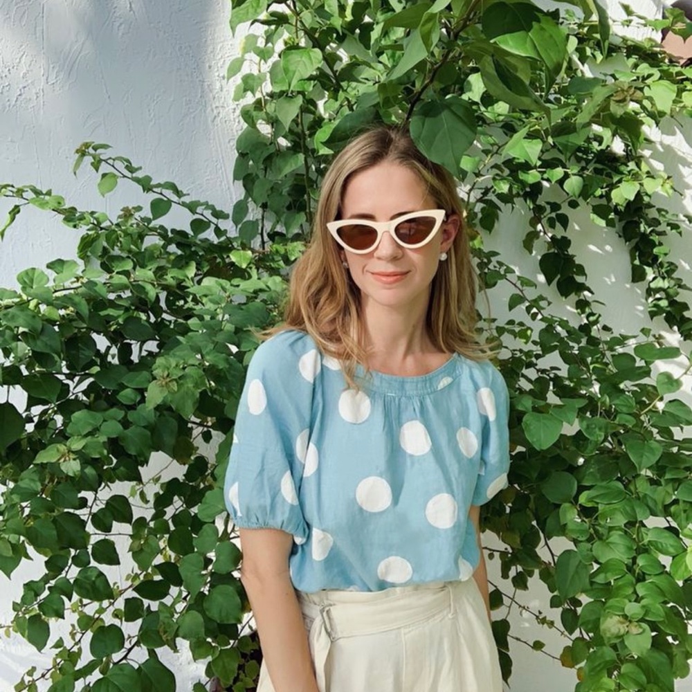 Polka dot linen blend blouse